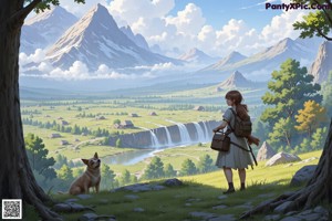 A girl and her dog are standing in front of a waterfall.