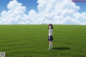 A girl standing in a field of green grass.