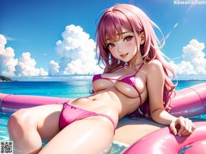 A woman in a pink bikini laying on an inflatable raft.