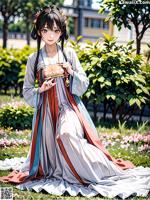 A woman in a long dress holding a purse in a garden.