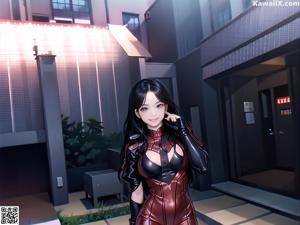 A woman in a red and black outfit standing in front of a building.