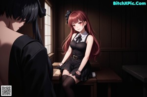 A girl in a black dress sitting on a bench next to a man.